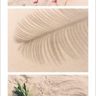 Kalenderblatt: Juni 2021. Oben Flamingos im Wasser, in der Mitte ein Palmenschatten im Sand, unten Ananas und rosa Flip-Flops.