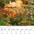 Kalenderseite für Juni 2027, darunter eine blühende, sonnige Gartenlandschaft mit Bäumen und bunten Blumen.