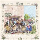 Juni: In einem Hof beschlagen Handwerker ein Pferd. Im Hintergrund ein ländliches Gebäude mit zwei Frauen und einem Kind.