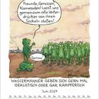 Eine Gruppe Frösche, einer hält eine Rede: "Freunde, Genossen, Kameraden! Lasst uns...". Datum: Juni 2027.