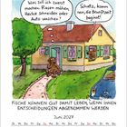 Zwei Hunde sprechen. Einer fragt über Aufgaben, der andere sagt: "Schatz, komm rein, die Brunstzeit beginnt!" Darunter steht: "Fische können gut damit leben, wenn ihnen Entscheidungen abgenommen werden." Juni 2027.