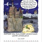 Eine Burg mit einem Drachen. Sprechblase oben: "Wenn du mit dem Burggraben fertig bist...". Unten: "Partner von Zwillingen leiden kaum unter Langeweile". Ein Kalender für Juni 2027 ist sichtbar.