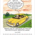 Ein gelbes Auto fährt auf einer Landstraße. Sprechblase: "Wenn ich eines hasse, dann deine Angewohnheit..." Text: "Krebse sind oft sensibler...". Kalender für Juni 2027.