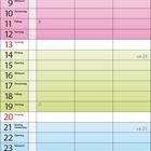 Kalender für Juni 2027. Tage sind farblich markiert: gelb, rosa, grün, blau und orange. Notizfeld unten.