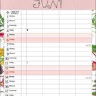 Kalender für Juni 2027 mit Blumenillustration. Wochentage sind aufgelistet, besondere Tage farblich hervorgehoben.