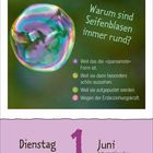 "Warum sind Seifenblasen immer rund?" mit Auswahl a-d. Unten: "Dienstag 1 Juni Internationaler Kindertag". Bunte Seifenblase.
