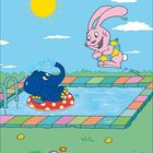 Kalender unten mit Zahlen von 1 bis 30, Juni 2023. Illustration: Hase springt in Pool, Elefant auf Schwimmring, Sonne leuchtet.