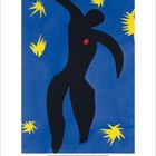 Illustration eines schwarzen, tanzenden Körpers auf blauem Hintergrund mit gelben Sternen und einem roten Punkt auf der Brust.