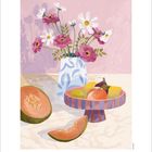 Text: "6" und ein Kalender mit Zahlen. 

Illustration: Eine Vase mit bunten Blumen, Obstteller, Melonenstücke.