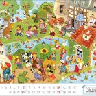 Ein farbenfrohes Wimmelbild zeigt eine lebhafte Bauernhofszene mit Menschen, Tieren, Pflanzen und einem Fachwerkhaus.