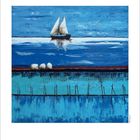 Kalender mit Zahlen von 1 bis 30, gemaltes Segelboot auf blauem Meer, drei Schafe am Ufer.