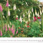 Kalenderseite mit Datum vom Juni. Darunter ländlicher Garten mit Fingerhüten, Rosen und viel Grün.