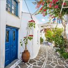 Ein schmaler gepflasterter Weg führt durch eine weiße mediterrane Gasse mit leuchtend blauen Türen und blühenden Pflanzen.