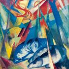 „M“ in der Ecke. Expressionistische, farbenfrohe Illustration mit dynamischen Formen und Tieren.