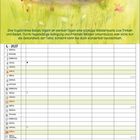 Illustration: Zwei Vögel an einer Vogeltränke umgeben von Wiese. Text über Reinigung und Beobachtung der Tiere. Tabellenkalender.