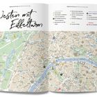 „Westen mit Eiffelturm“ in Handschrift. Karte von Paris mit markierten Sehenswürdigkeiten, Essen, Parks und Shopping.