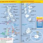 Deine Extra Faltkarte, App herunterladen, Reisziel auswählen, Maledivenkarte mit Atollen und Hervorhebungen.