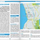 Text enthält: "KUTA/LEGIAN", "SÜDBALI", "ESSEN & TRINKEN", "KUALI RESTAURANT", "NASI TEMPONG INDRA", "KORI RESTAURANT & BAR". Links Text über Kuta/Legian, rechts Karte mit Orten und blauem Hintergrund.