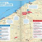 Eine Karte von Brügge und Westflandern mit Textfeldern: "MARCO POLO BUCKETLIST", "HIGHLIGHTS", und spezifische Orte.