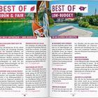 "BEST OF GRÜN & FAIR", "BEST OF LOW-BUDGET". Links Boote auf einem See, rechts Fluss mit Gebäuden im Hintergrund.