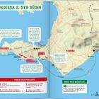Karte von Períssa & der Süden. Texte über Sehenswürdigkeiten wie Red Beach, Akrotíri, Emborio und Reisetipps.