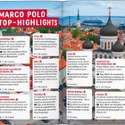 „MARCO POLO TOP-HIGHLIGHTS“: Reiseziele in Estland, Lettland, Litauen. Hintergrund zeigt Stadtansicht mit Küste.