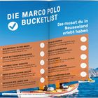 "Die Marco Polo Bucketlist: Das musst du in Neuseeland erlebt haben. Punkte beinhalten Tandem Skydive und Kajak fahren."
