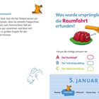 Titel in Blau: "Was wurde ursprünglich für die Raumfahrt erfunden?" 

Ein roter Wackelpudding, Klettverschluss, Kochtopf. Datum: 5. Januar, Dienstag. Zwei Maus-Illustrationen.