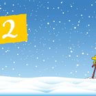 Text "2" auf gelbem Hintergrund. Ein Vogel steht auf einem Zuckerstangen-Pfosten im Schnee, umgeben von fallenden Schneeflocken.