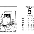 JANUAR 5 Dienstag. Illustration: Ein LKW mit zerstörtem Reifen durch Nägel, daneben ein Fahrer mit erschrockenem Gesicht.