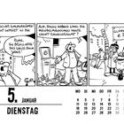 Kalenderillustration: Witzige Unterhaltung über Glasentsorgung. Datum: 5. Januar, Dienstag. Zeichentrickstil.