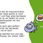 Juli. Mittwoch 7. Ein Hai fragt einen Barrakuda um Hilfe bei einem Kreuzworträtsel. Illustration: Hai denkt an einen Burger.