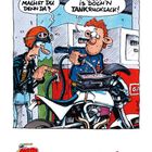 Illustration zweier Motorradfahrer bei einem Sturz. Text: „Auf zwei Rädern bleibt man jung“, „Auf einem noch jünger!“.