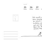 Kalender Januar 2027, Woche 4. Illustration: Zwei Strichmännchen rennen, eines hält ein Smartphone. Text: „Ich rannte dem Typen...“.