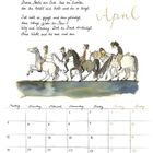 Text oben: "Sieh den Himmel. Kämpft dein Sternbild, 'Reiter'?..." Rechts steht das Wort "April". Eine Illustration zeigt Reiter auf Pferden über einem Kalenderblatt.