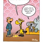 Eine Giraffe sagt: "Pfui, Hausmensch! Böser Hausmensch!" Ein Koala erwidert: "Warte, bis du hörst, welche Partei er wählt." Darunter Kalender für April.