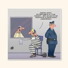 Text: „Zugegeben, Schatz, der Mädelsabend ist etwas eskaliert... aber wir wollten das Polizeipferd ja später wieder zurückbringen!“
Illustration: Gefangene Frau telefoniert, Polizist daneben.