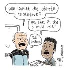 Illustration: Zwei Männer sprechen. Einer fragt nach der obersten Direktive. Der andere antwortet: "Die andere." "Maxim" steht da.