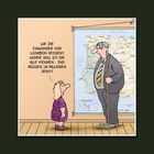 Schrift: "Wie die Einwohner von Lissabon heißen?" Kind fragt, Lehrer steht vor Landkarte. Humorvolle Illustration.