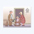 Illustration: Frau sagt "Du hast es verkehrt herum gebaut" zu Mann mit Säge, Kind sitzt rückwärts auf Schaukelstuhl.