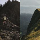 Links: Person in leuchtendem Shirt läuft auf felsigem Grat mit Bäumen. Rechts: Panorama mit steilem, grasbewachsenem Hang.