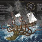 Text: "Krake - Titan mit Tentakeln", "Der Krake lockt Fische vermutlich mit seinem Kot an." Eine riesige Krake zieht ein Segelschiff ins stürmische Meer. Illustrationsstil.