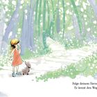 „Folge deinem Herzen. Es kennt den Weg.“ Illustration: Ein Kind steht mit einem Hund auf einem Waldweg voller Lichtpunkte.