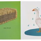 Links Text "das Stroh" neben einem Strohballen, rechts Text "die Gans" über einer Gans mit Wassertropfen.