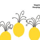 Text: "Vegetarische Hauptgerichte". Illustration von drei gelben Formen mit dekorativen schwarzen Linien oben.