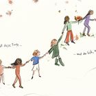 "Du bist all diese Dinge ... und du bist, was du bist ...". Illustration von Kindern, die Hand in Hand gehen, mit Blumen, Schmetterlingen.