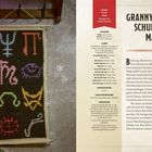 Oben: "LEVEL Leicht", "Design von Lydia Viatoris". Rechts: "GRANNY SQUARES: SCHULEN DER MAGIE". Links: Hängende Häkeltapete mit Symbolen.