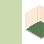 Keine Texte. Eine Illustration mit einem grünen Boden in einem pastellfarbenen Raum.
