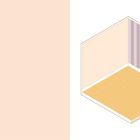 Illustration eines Zimmers mit zwei Wänden: links beige, rechts violett gestreift. Beige Bodenfliesen.