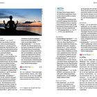 Texte: Unterkünfte, Thai lernen, Nachtleben, Beck’s Resort, Green Palm, Style Seaview Villa. Silhouette einer meditierenden Person bei Sonnenuntergang am Wasser.